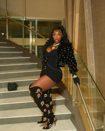 2025 New Sexy Women Black Suede Crystal Rhinestone Over The Knee Boots Gladiator Pointed Toe Stiletto Heels Long Boots Shoes 44