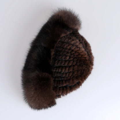 Women's Winter Warm Genuine Premuim Mink Fur Knitted Bucket Hat Furry Real Fur Caps Big Fox Fur Trim Brim Adjustable