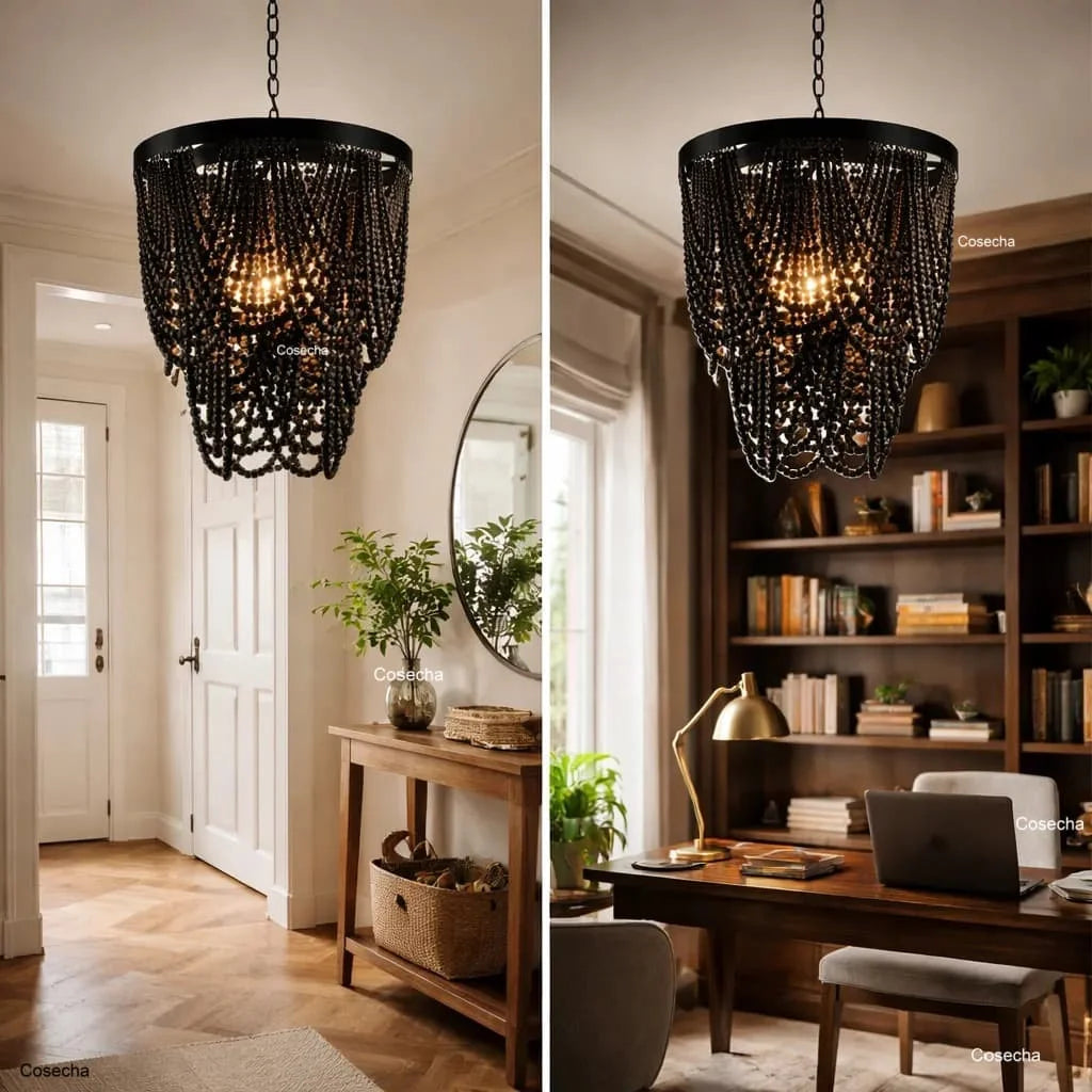 Black French Country Chandelier Large Hanging Lights Dia60 H65cm Living Room Boho Wood Bead Chandelier For Bedroom Dining Room