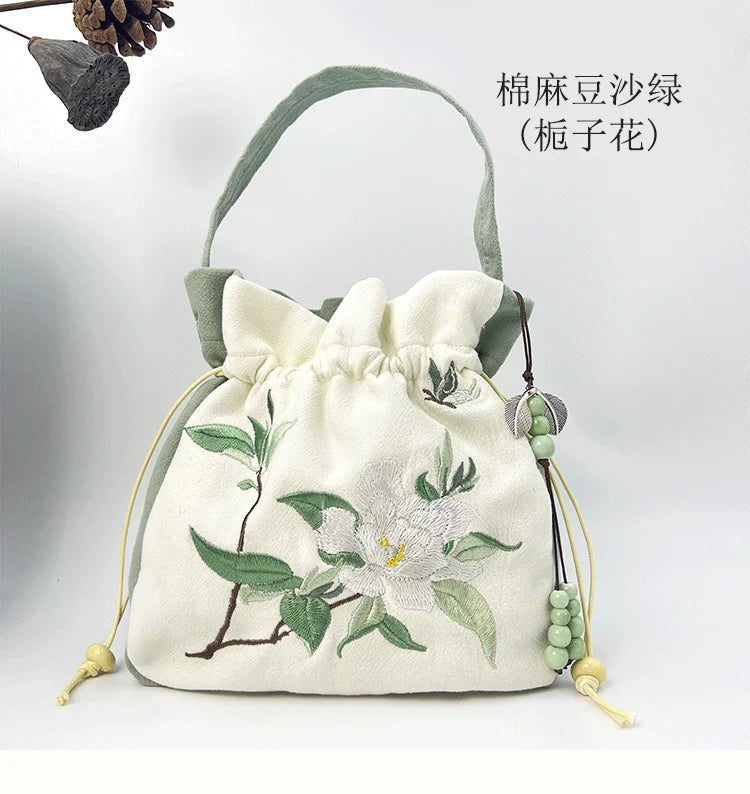 Chinese Style Retro Flower Embroidery Crossbody Top-handle Bags Women Shoulder Lace Drawstring Bucket Bag Coin Purses Handbags
