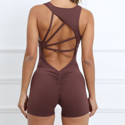 Women's Sexy Backless Rompers Criss Cross Bodycon One Piece Halter Hips Lifting Yoga Bodysuit Short Jumpsuits With Chest Pads