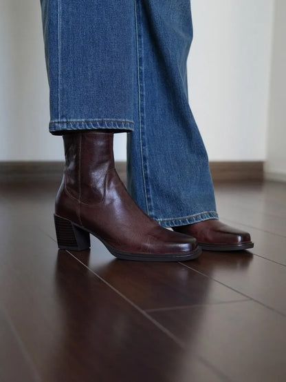 Elegant Office Ladies Chunky Heels Genuine Leather Short Boots Square Toe New Designer Shoes Women Vintage Cowhide Ankle Boots