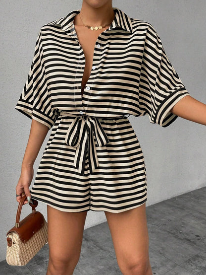Women One Piece Short Sleeve Striped Overalls Shorts Pants Elastic Waist Turn Down Collar Rompers