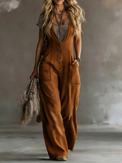 Women's Solid Color Jumpsuit Summer Fashion V-neck Button Semi Open Design Loose Jumpsuits With Pocket Ladies Office Overalls