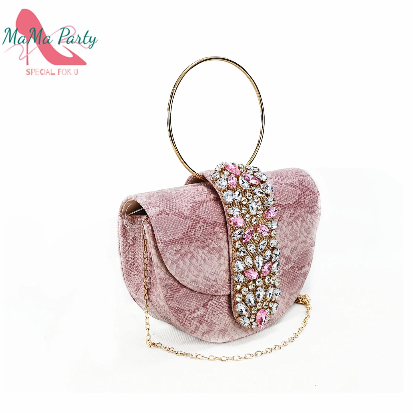 2025 Autumn New Design Specials Italian Women Shoes and Bag Set Pink Color Comfortable Mid Heels With Rhinestone