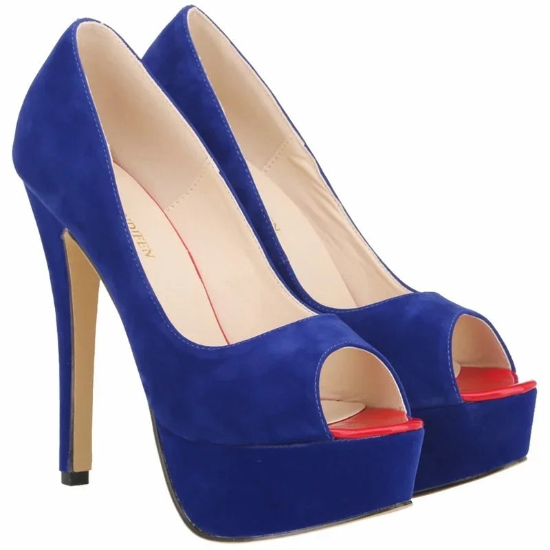 2026 Women Pumps New Fashion 14cm Sexy Peep Toe High Heels Velvet Platform Thin Heel Lady Party Dance Red Wedding Woman Shoes