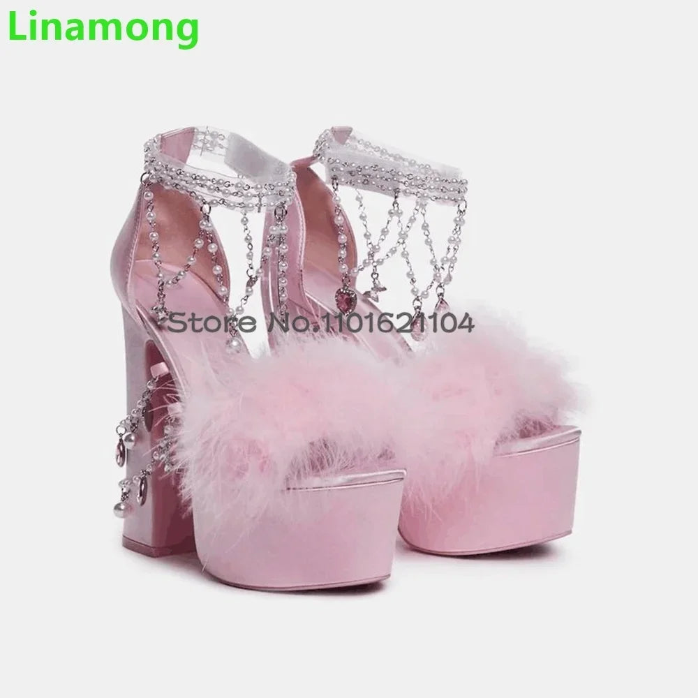 Pink Fur Crystal Chain Luxury Design Sandals For Female Women 2024 New Square Heel Platform Elegant Fashion Sweet Summer Shoes