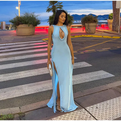 Braided Trim Sexy High Slit Dress Lady Sleeveless Hollow Out Backless Bodycon Maxi Dresses 2026 Summer Elegant Chic Evening Gown