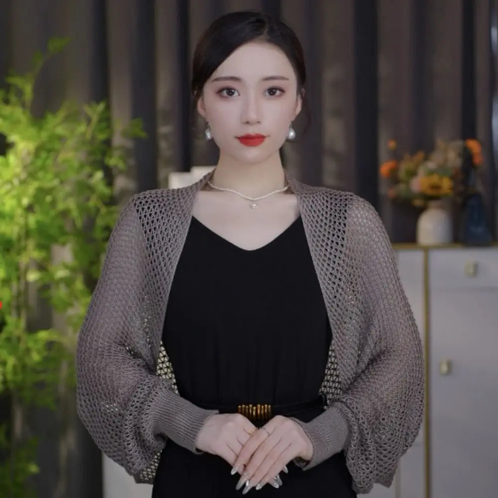 Womens Fashion Hollow Ice Silk Shawl Simple Elegant Thin Outerwear Coat Luxury Long Sleeve Smock Top