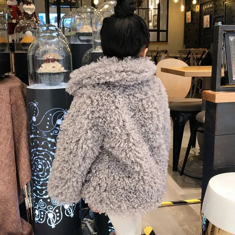 Autumn Winter Girls Warm Coat 2025 New Korean Fashion Faux Fur Thicken Solid Color Turn-down Collar Plush Jacket