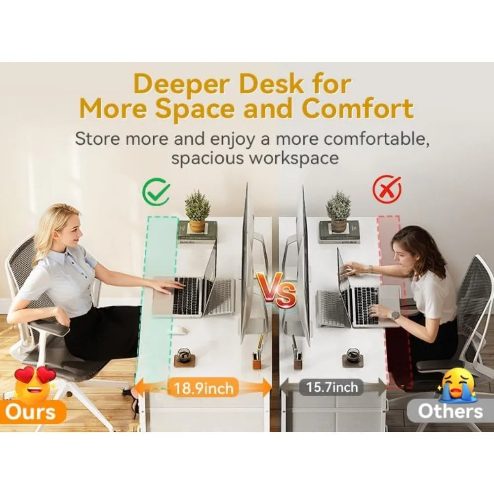 48 Inch White Computer Desk with 8 Fabric Drawers, Modern Office Desk for Home Office Study Gaming