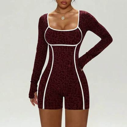 Women's Leopard Print Jumpsuit, Sexy One-Piece Long-Sleeve Bodysuit, Short Jumpsuit for Yoga & Gym, Black Streetwear