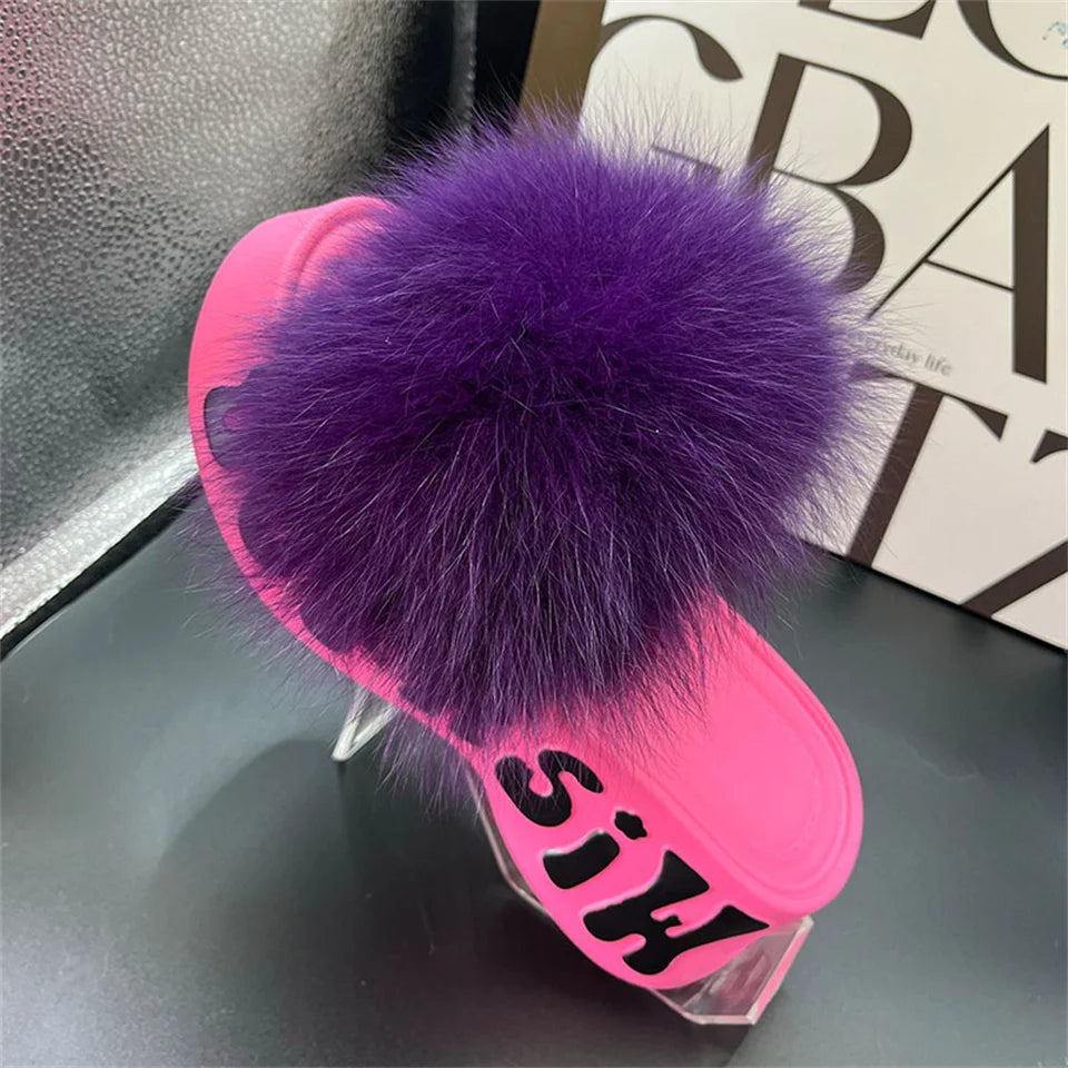 Real Fox Fur Slippers for Woman Luxury 2025 Slippers Summer Woman Sandals Thick Sole Pink Fur Slippers Fluffy Slides for Woman