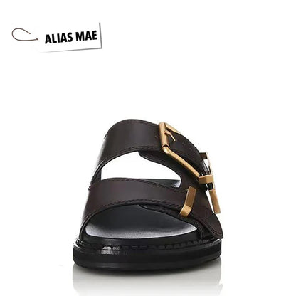 ALIAS MAE Women's Genuine Leather Double-Strap Slippers Vintage Gold Buckle Streetwear Beach Sandals Minimalist Luxury Style