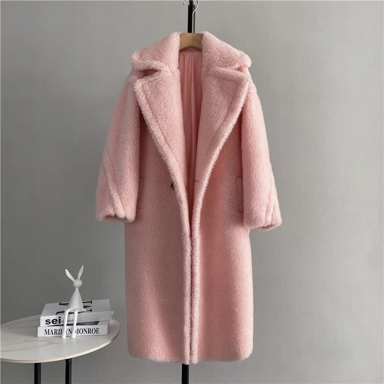 Winter Jacket Women Long Coat  Wool Woven Fabric Thick Warm Outerwear Oversize Fashion Streetwear Teddy Bear Coats