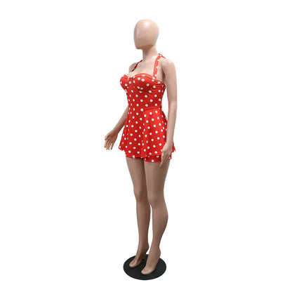 Joskaa Polka Dot Halter Bandage Rompers Women Sexy Low-cut Sleeveless Backless Bodycon Playsuits Y2k Streetwear Holiday Clubwear