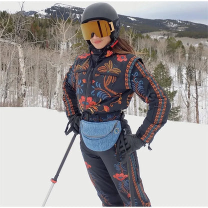 Floral Print One Piece Ski Suit Fashion Hooded Waterproof Thermal Snowboard Jumpsuit 2026 Winter Outdoor Windproof Snow Outfit