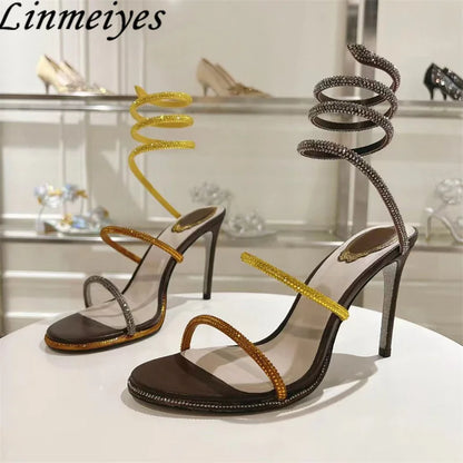 Summer Crystal Gladiator Sandals Women Rhinestone Twine Around Ankle Snake Wedding Shoes High Heels Sandals Woman