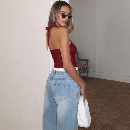 Hugcitar Women Fashion Halter Solid Loop Backless Bandage Sexy Crop Tank Top 2025 Summer Casual Clothes Streetwear Vacation Club