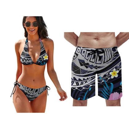 Polynesian Pattern Floral Print Lace-Up Swimsuit Pool Party Couple Suit Summer Custom Couple Suit Women Bikini Men Beach Pants