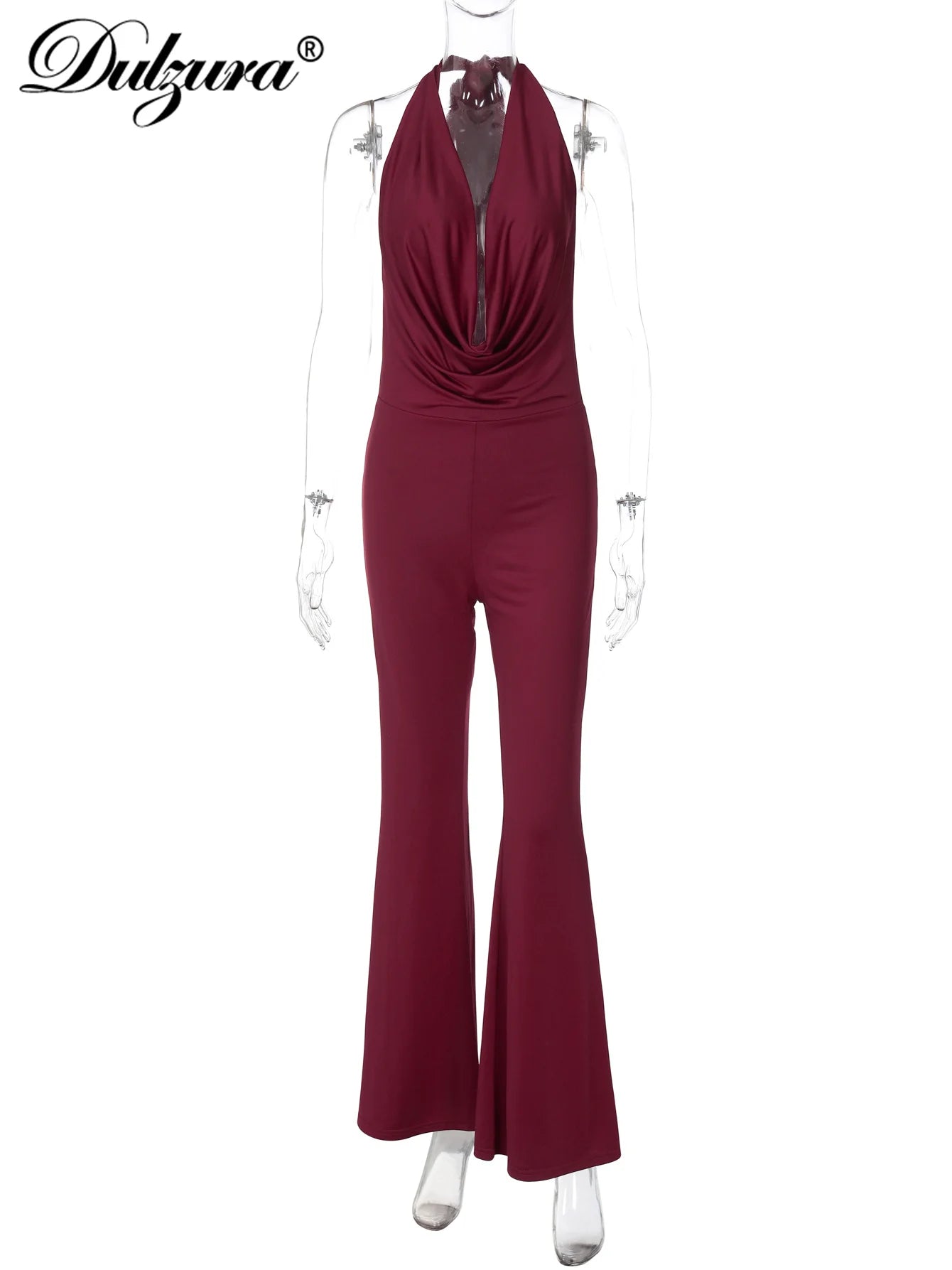 Dulzura Summer Solid Sexy Halter Swinging Collar Backless Slim Lace Up Flared Jumpsuit Women'S Fashion Elegant Party Club Romper