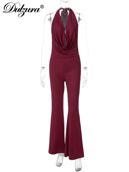 Dulzura Summer Solid Sexy Halter Swinging Collar Backless Slim Lace Up Flared Jumpsuit Women'S Fashion Elegant Party Club Romper
