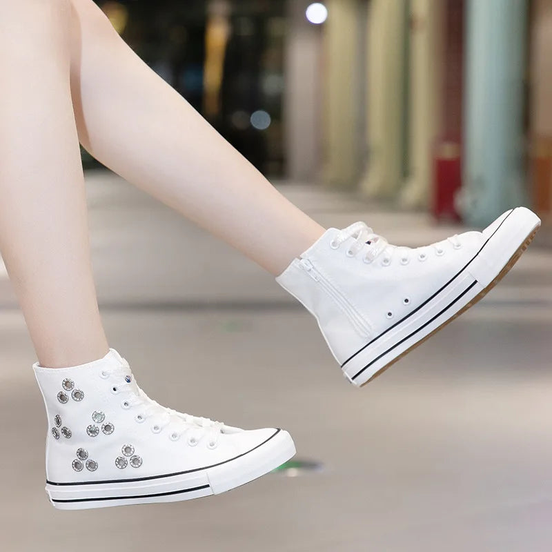 Breathable Hollow Canvas Short Boots Summer Women Black Casual Shoes Punk Rivet Flat Bottomed Shoes 2CM Woman High top Sneakers