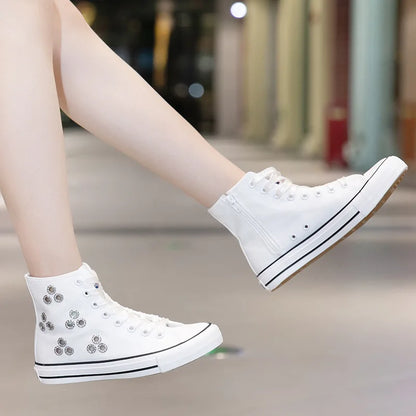 Breathable Hollow Canvas Short Boots Summer Women Black Casual Shoes Punk Rivet Flat Bottomed Shoes 2CM Woman High top Sneakers