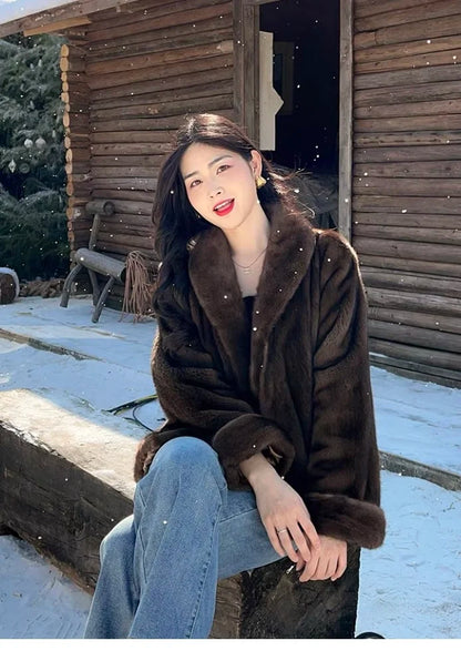 Ladies' real mink fur coat, collar mink fur leather jacket, winter warmth and fashion