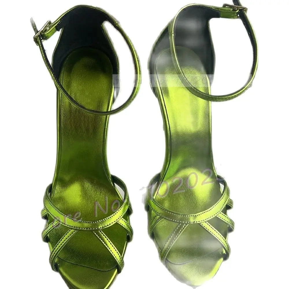 Green Metallic Party Sandals With High Heels Female Elegant Open Toe Cross Strap Sandal Luxury Women Summer Casual Stylish Shoes