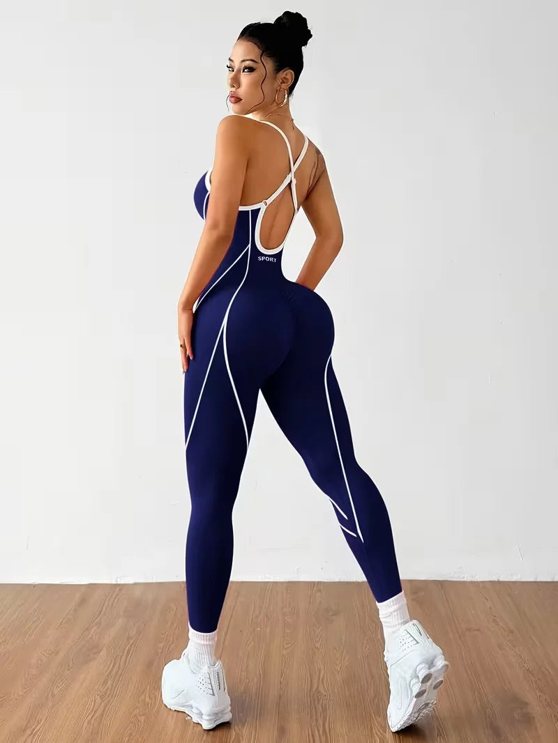 Women Spaghetti Strap Yoga Jumpsuit White Contrast Piping One Piece Fitness Bodysuit Tummy Control Gym Workout Pilates Tennis Sp