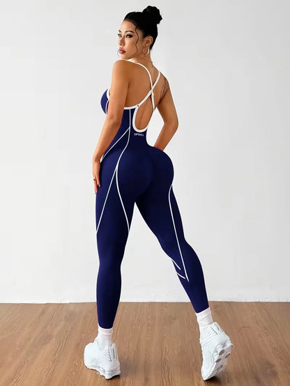 Women Spaghetti Strap Yoga Jumpsuit White Contrast Piping One Piece Fitness Bodysuit Tummy Control Gym Workout Pilates Tennis Sp