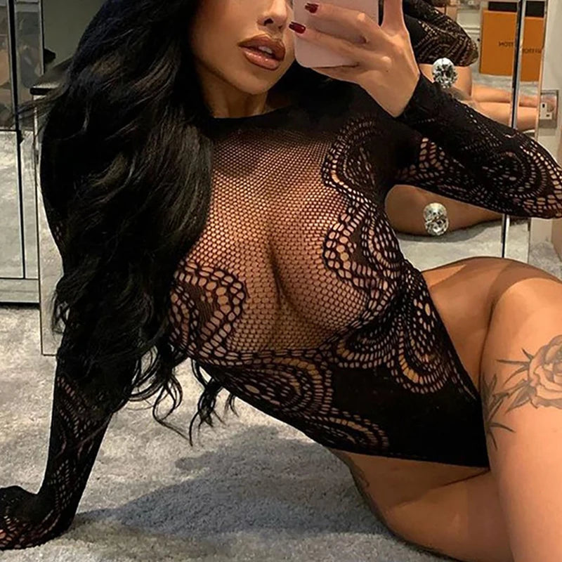 One Pieces Sexy Crotchless Bodysuits For Women Erotic Outfits Mesh Sheer Teddy Jumpsuits High Waist Elastic Long Sleeve Rompers