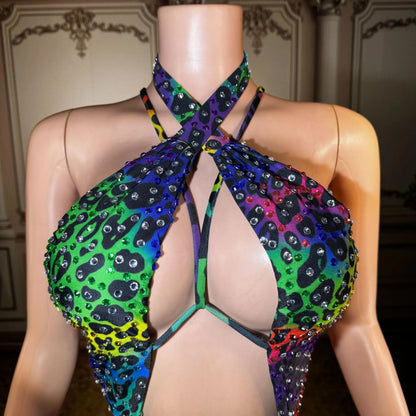 2026 New Color Leopard Print Waterdrop Beads Hollow Strap One-Piece Swimming Suit for Beach Vacation and Tight-Fitting Swimwear