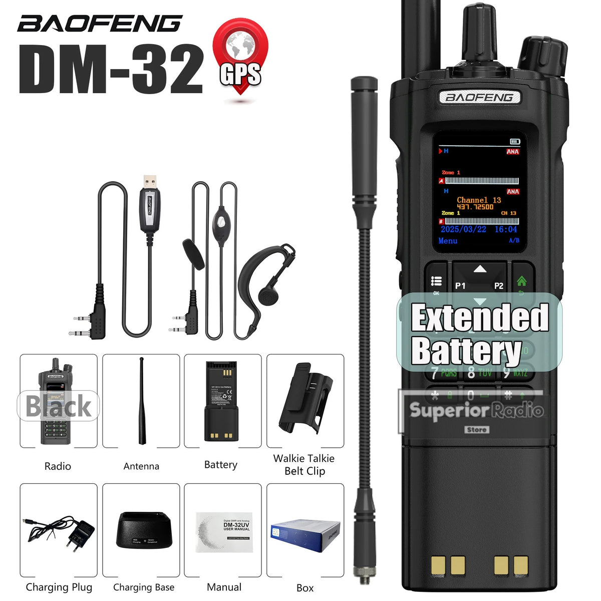 Baofeng DM-32 DMR Digital Walkie Talkie Upgraded Extended Battery High Capacity GPS APRS Dual Mode Analog Dual Time Slot  AM FM