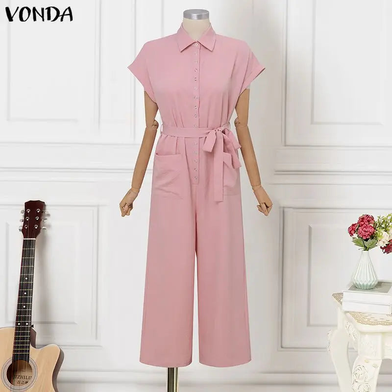 Plus Size VONDA Women Elegant Office Long Jumpsuits Summer Vacation Style Short Sleeve Solid Color Overalls OL Belts Playuits