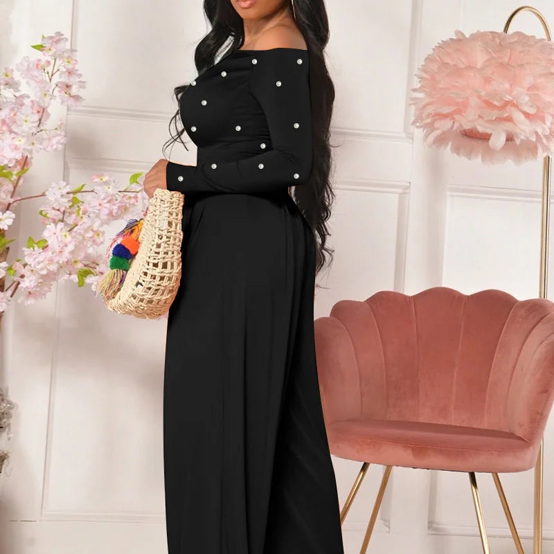Fashion Beaded Slant-neck Women's Jumpsuit Long Sleeve Wide Leg One Piece Outfit 2026 New Autumn Commute Lady Jumpsuits
