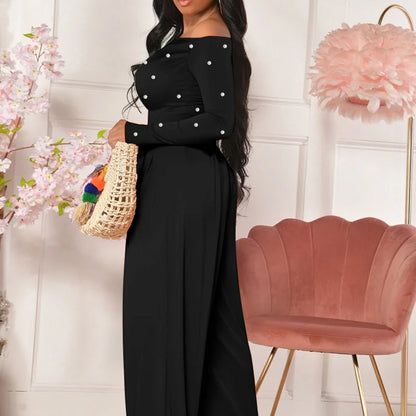 Fashion Beaded Slant-neck Women's Jumpsuit Long Sleeve Wide Leg One Piece Outfit 2026 New Autumn Commute Lady Jumpsuits