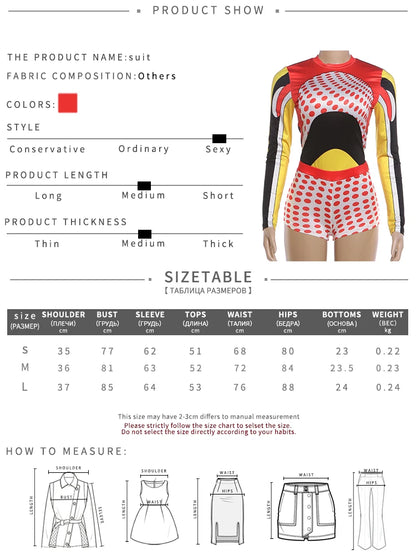 Sisterlinda Trend 2 Piece Set Women Sexy Colorful Print O-Neck Full Sleeve Patchwork T-Shirt+Polka Dot Bike Short Streetwear