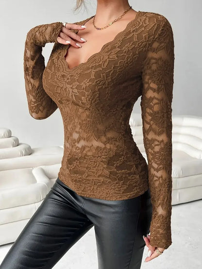 Women Lace V Neck Long Sleeve Sheer Mesh Floral Lace Top Slim Fit See Through Bodycon Jumpsuit for Party Clubwear Daily Wear