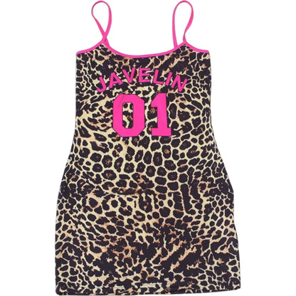 Weird Puss Hottie Trend Leopard Dress Women Sexy Digital Print Line Patchwork Low-Neck Sleeveless Fashion Party Club Bodycon