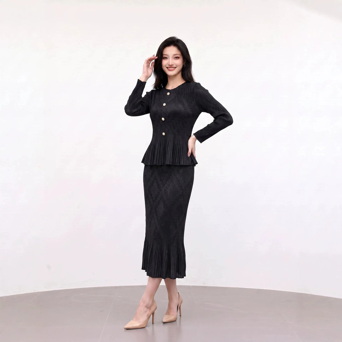 Miyake Pleated Skirt Set Plisse 2026 Autumn New Single-Breasted Flared Long Sleeve Cardigan Top Length Set Slim Fit Versatile