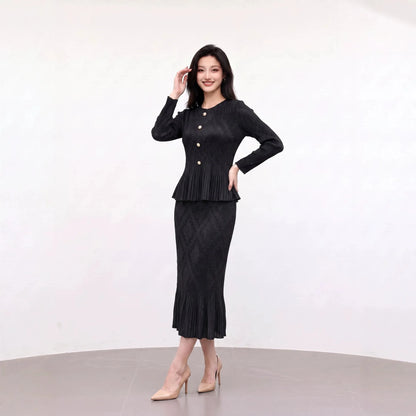 Miyake Pleated Skirt Set Plisse 2026 Autumn New Single-Breasted Flared Long Sleeve Cardigan Top Length Set Slim Fit Versatile