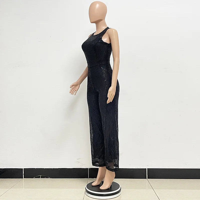 Bling Bling Sequined Club Jumpsuit Sexy Women O-neck Elegant Shiny Sliver Gold Sequins Straight Romper Overalls