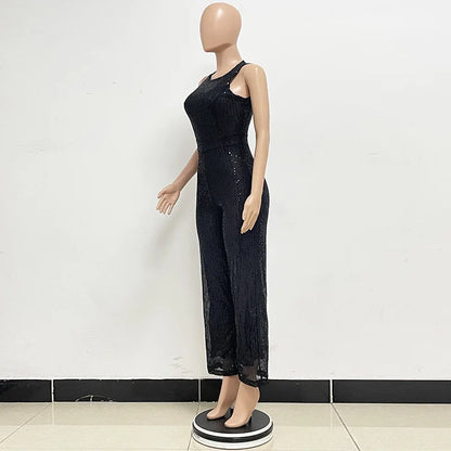 Bling Bling Sequined Club Jumpsuit Sexy Women O-neck Elegant Shiny Sliver Gold Sequins Straight Romper Overalls