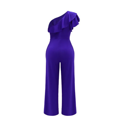 Casual Women's Solid Color Jumpsuits Summer Oblique Collar Black Ears High Waist Wide-leg Pants Fashionable Summer Jumpsuits