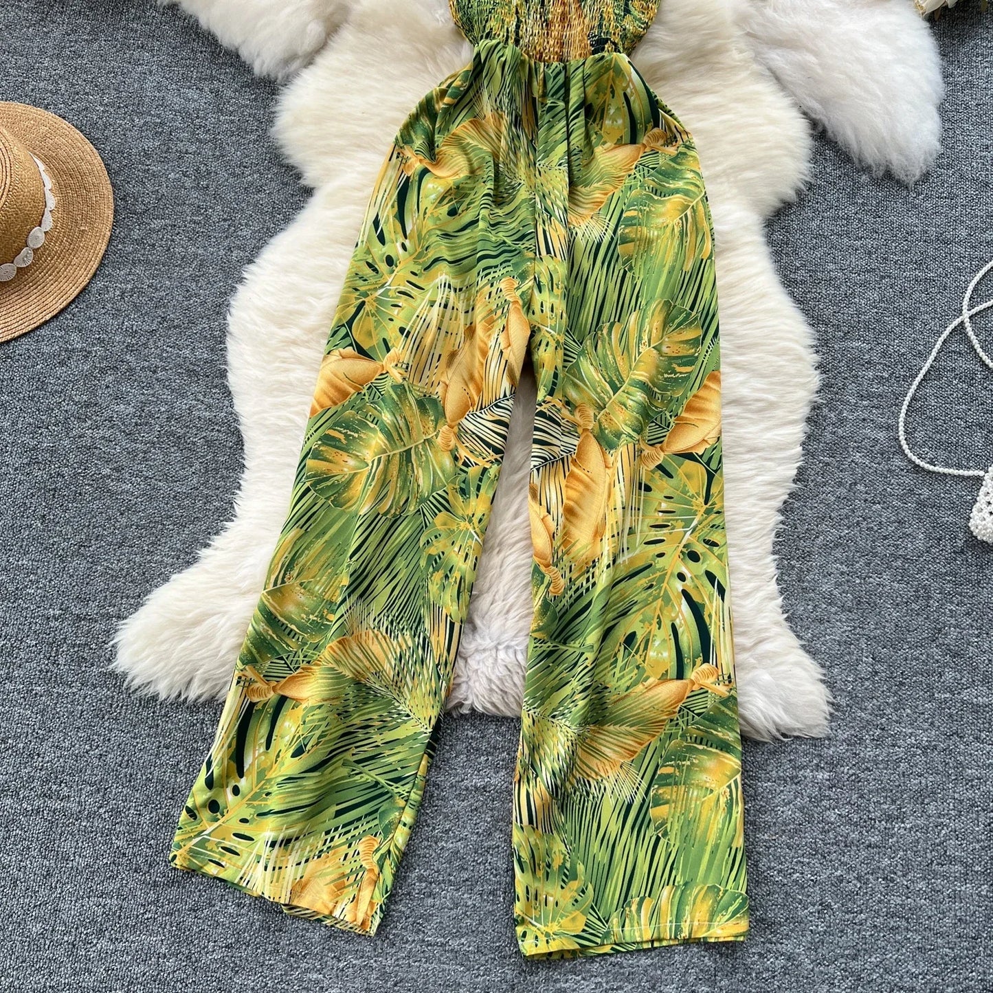 2024 New Summer Sexy Bohemian Leaf Print Jumpsuits Women Sleeveless Sexy Long Jumpsuit Mujer Casual Holiday Beach Rompers
