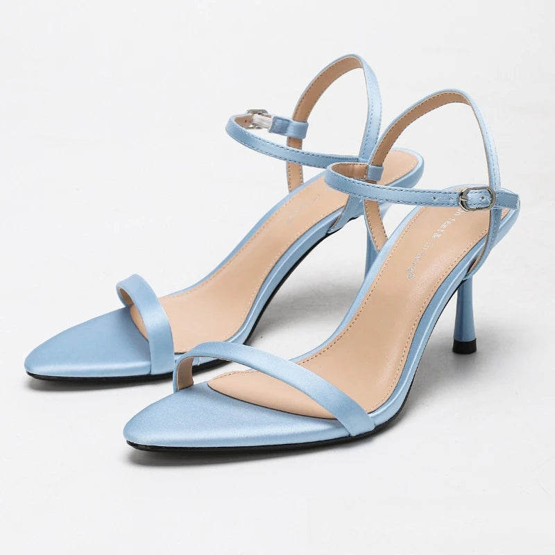 Elegant Heeled Sandals Women Luxury Satin Narrow Strap Design Ankle Strap Heels Sexy Pointed Toe Evening Designer Shoes Ladies