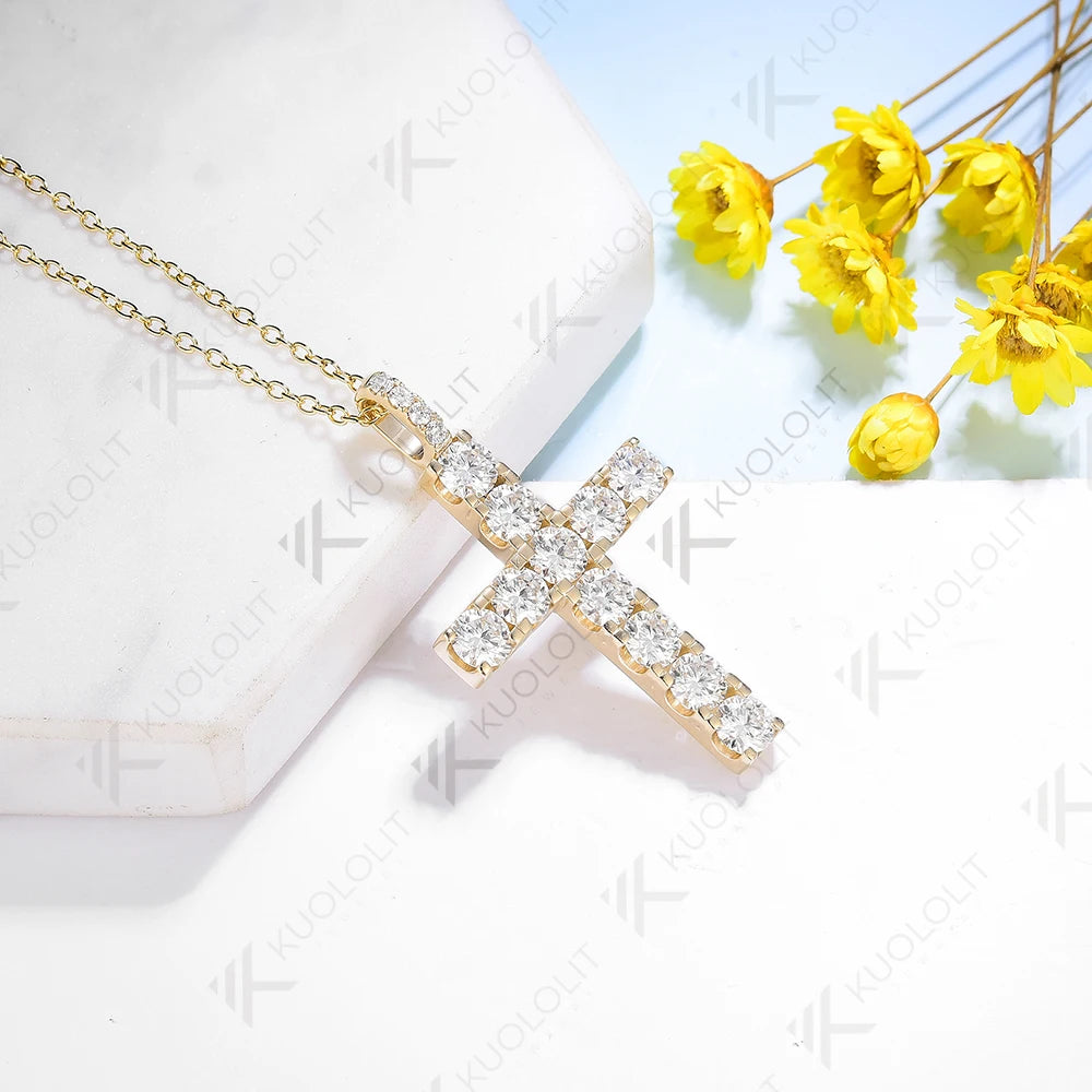 Kuololit 3.36ctw Cross Chain Moissanite Pendants for Women Solid 925 10K Sterling Silver Handset Luxury Necklace for Engagement