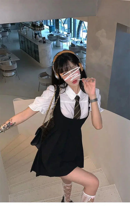 2025 korea japan style female summer fashion style jk uniform halter pleated skirt bubble short sleeve shirt two piece sets g823